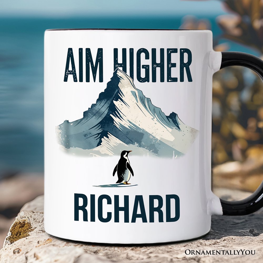 Aim Higher Penguin Personalized Mug, Vintage Mountain Motivational Quote Gift with Custom Name Personalized Ceramic Mug OrnamentallyYou Black Handle Personalized 