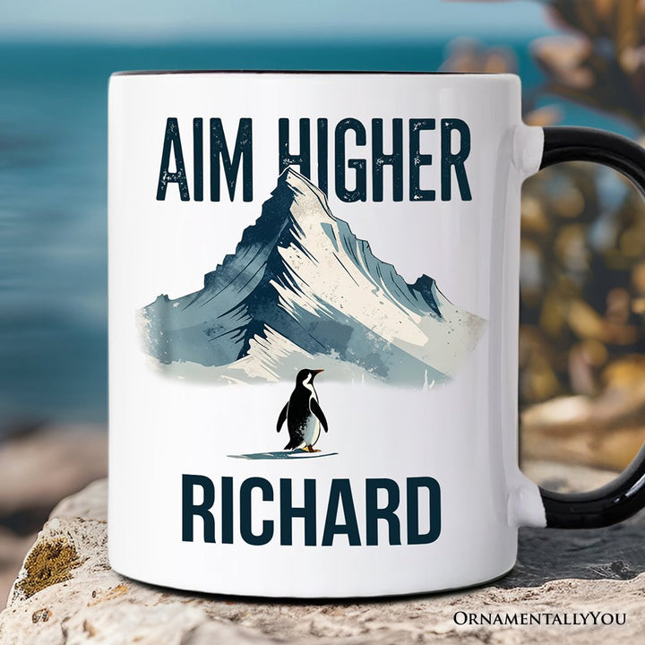 Aim Higher Penguin Personalized Mug, Vintage Mountain Motivational Quote Gift with Custom Name Personalized Ceramic Mug OrnamentallyYou Black Handle Personalized 