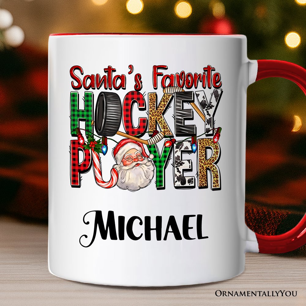 Santa’s Favorite Hockey Player Personalized Mug, Plaid Christmas Athelete Gift with Custom Name Personalized Ceramic Mug OrnamentallyYou White - Red Customized 