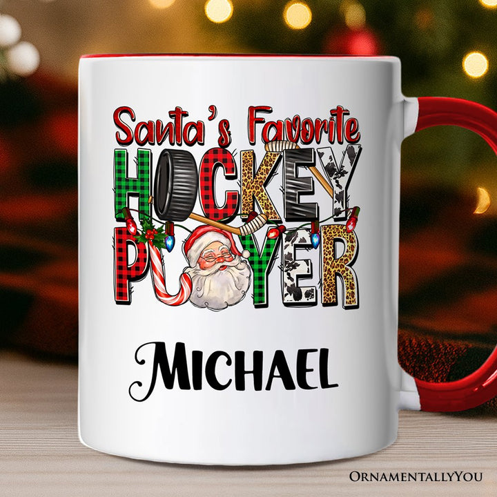 Santa’s Favorite Hockey Player Personalized Mug, Plaid Christmas Athelete Gift with Custom Name Personalized Ceramic Mug OrnamentallyYou White - Red Customized 