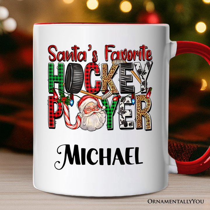 Santa’s Favorite Hockey Player Personalized Mug, Plaid Christmas Athelete Gift with Custom Name