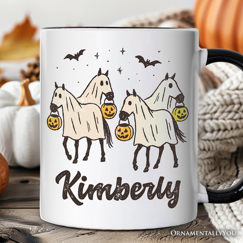 Retro Halloween Horse Ghosts Personalized Mug, Cute Western Gift with Spooky Vibes and Custom Name Personalized Ceramic Mug OrnamentallyYou White - Black Customized 