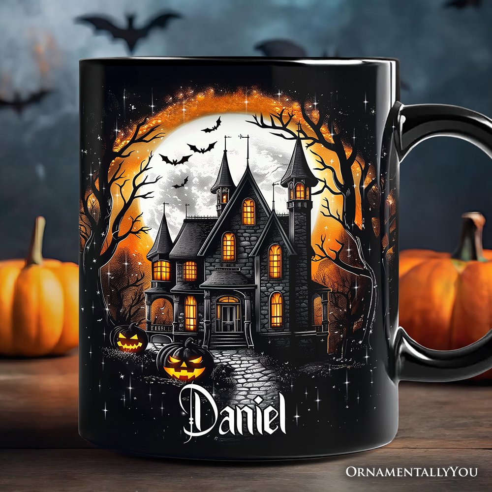 Haunted House Night Halloween Personalized Mug, Spooky Horror Gift with Custom Name Personalized Ceramic Mug OrnamentallyYou Black Customized 