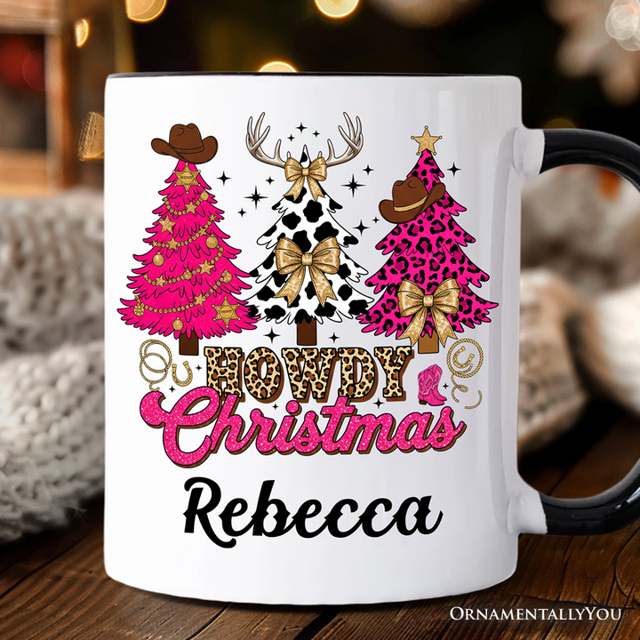 Howdy Pink Christmas Western Christmas Personalized Mug, Leopard Print Retro Holiday Gift with Custom Name