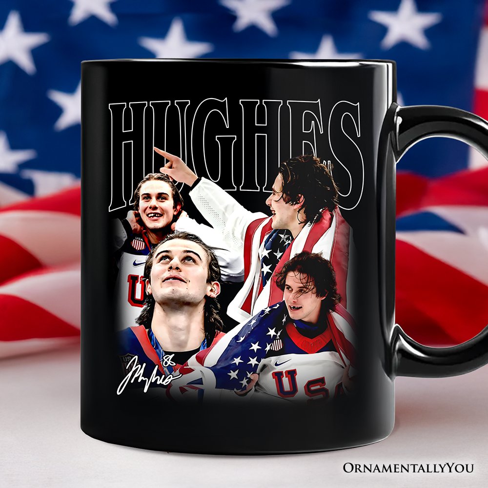 Jack Hughes Olympic Ice Hockey Mug, USA Professional Sport Pride Gift Personalized Ceramic Mug OrnamentallyYou Black Non-Custom 