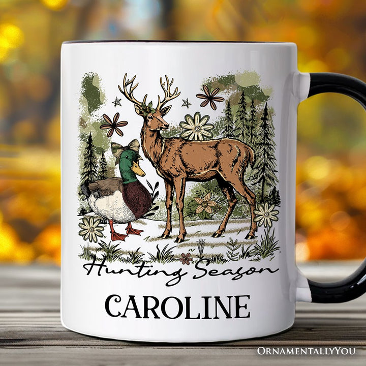 Coquette Hunting Season Personalized Mug, Rustic Wildlife Hunter Gift with Custom Name Personalized Ceramic Mug OrnamentallyYou White - Black Customized 