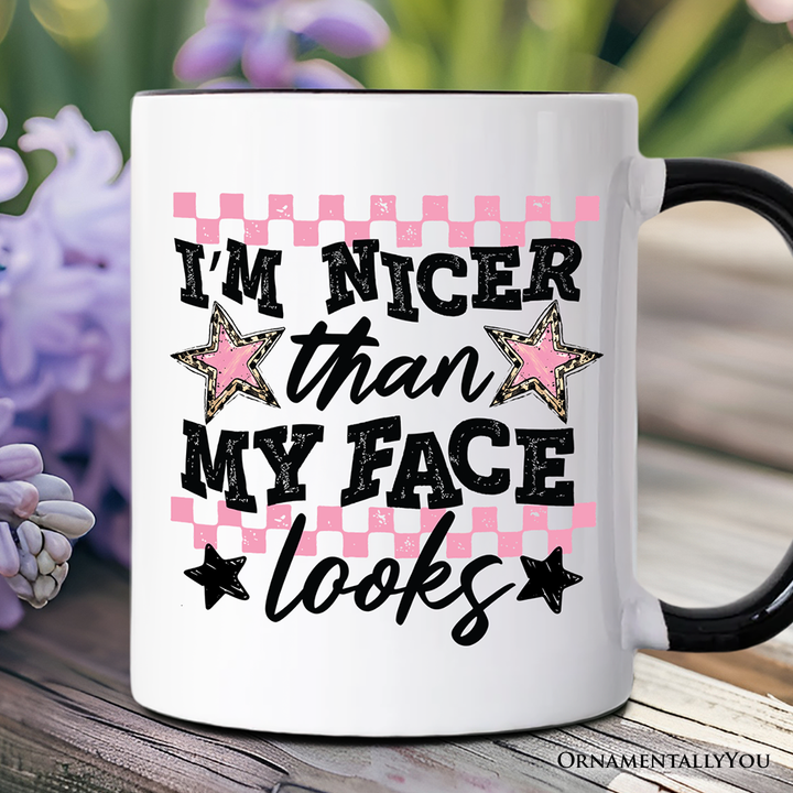 I'm Nicer Than My Face Looks Sarcastic Mug, Relatable Checkered Gift