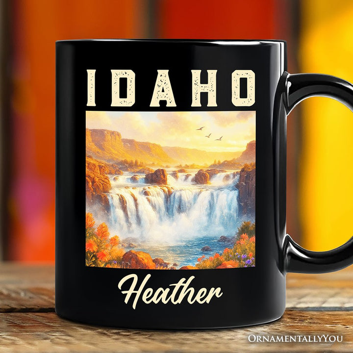 Majestic Idaho State Shoshone Falls Personalized Mug, Scenic Waterfall Gift and Nature Travel Souvenir with Custom Name Personalized Ceramic Mug OrnamentallyYou Black Customized 
