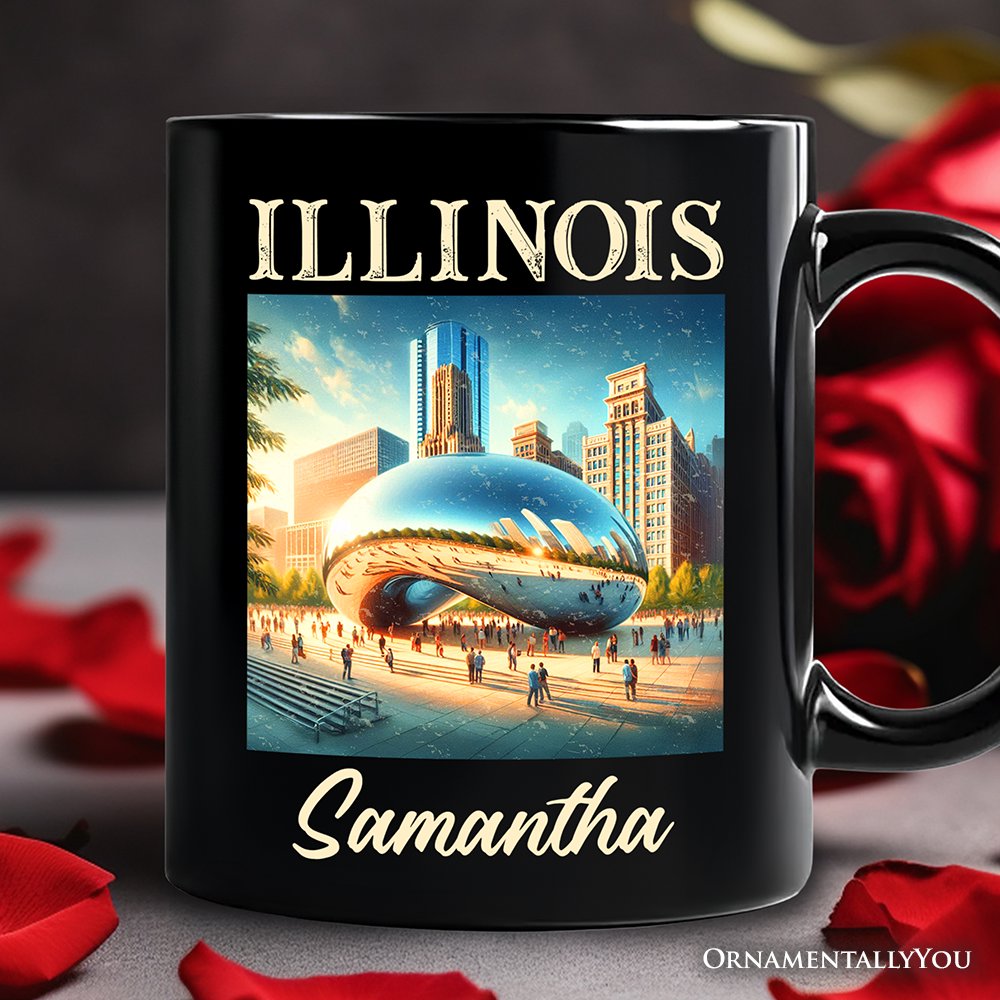 Modern Illinois State Cloud Gate Personalized Mug, Iconic Chicago Bean Gift and Urban Landmark Souvenir with Custom Name Personalized Ceramic Mug OrnamentallyYou Black Customized 