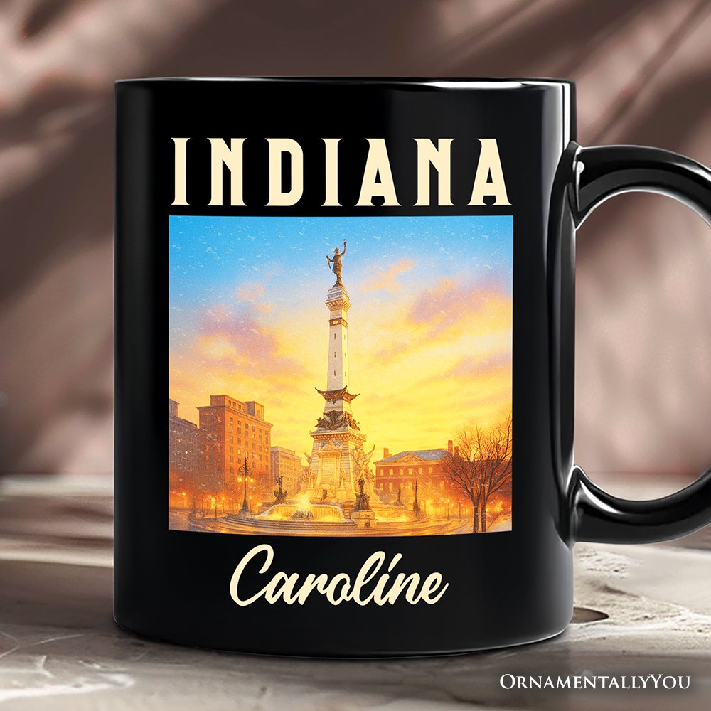 Historic Indiana State Soldiers and Sailors Monument Personalized Mug, Patriotic Gift and Indianapolis Landmark Souvenir with Custom Name Personalized Ceramic Mug OrnamentallyYou Black Customized 