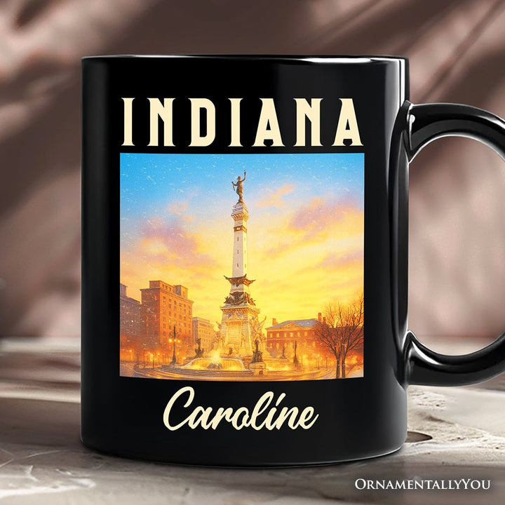 Historic Indiana State Soldiers and Sailors Monument Personalized Mug, Patriotic Gift and Indianapolis Landmark Souvenir with Custom Name Personalized Ceramic Mug OrnamentallyYou Black Customized 