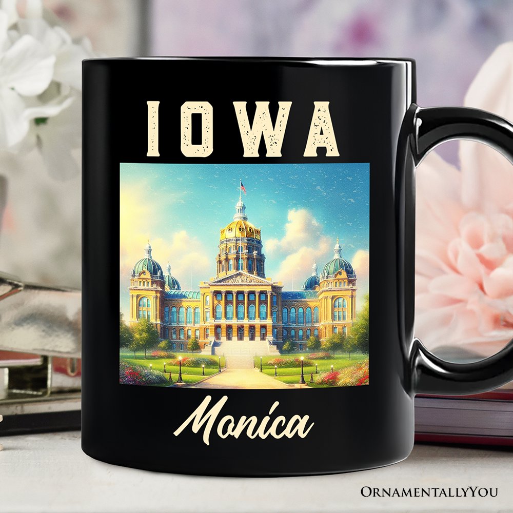 Grand Iowa State Capitol Personalized Mug, Midwest Architectural Landmark Gift and Travel Souvenir with Custom Name Personalized Ceramic Mug OrnamentallyYou Black Customized 
