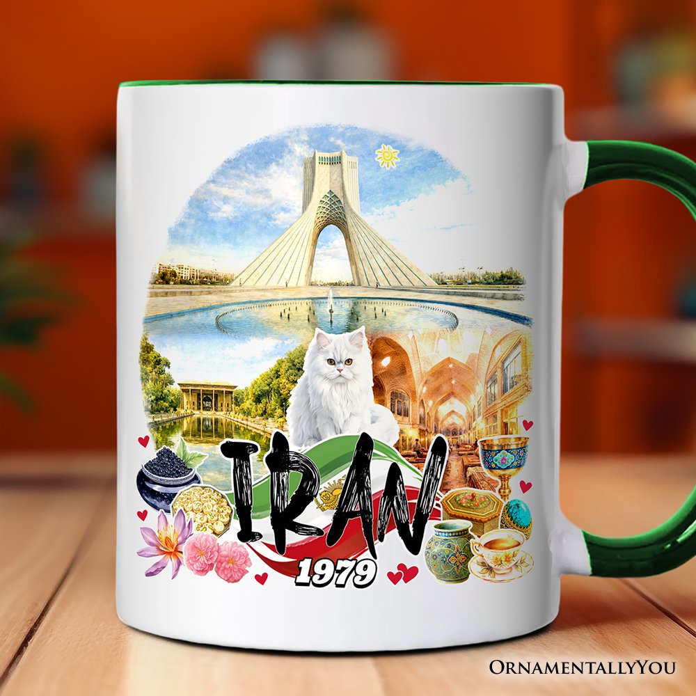 Artistic Iran Landmarks Christmas Mug, Persian Culture Gift and Travel Gift Souvenir Personalized Ceramic Mug OrnamentallyYou Green Handle Non-Custom 