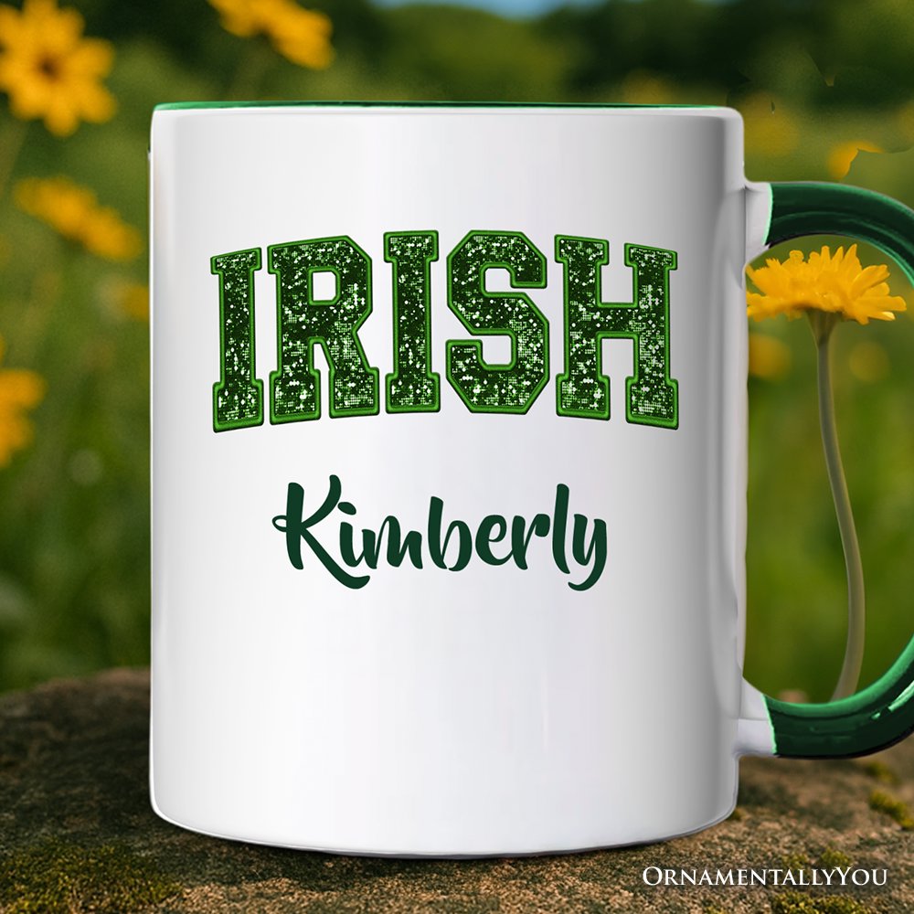 Irish Sequin St Patrick’s Day Personalized Mug, Festive Green Glitter Imitation Gift with Custom Name Personalized Ceramic Mug OrnamentallyYou White - Green Customized 