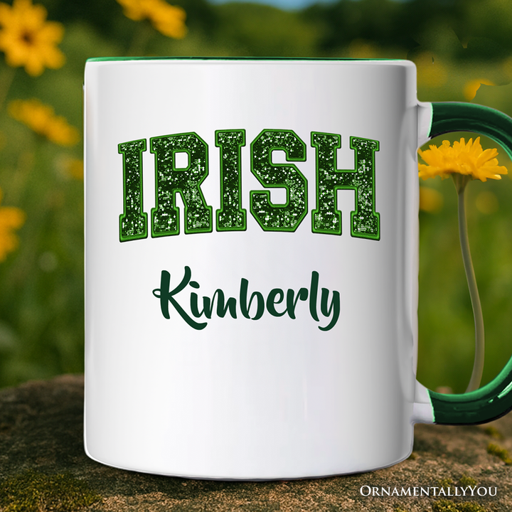 Irish Sequin St Patrick’s Day Personalized Mug, Festive Green Glitter Imitation Gift with Custom Name