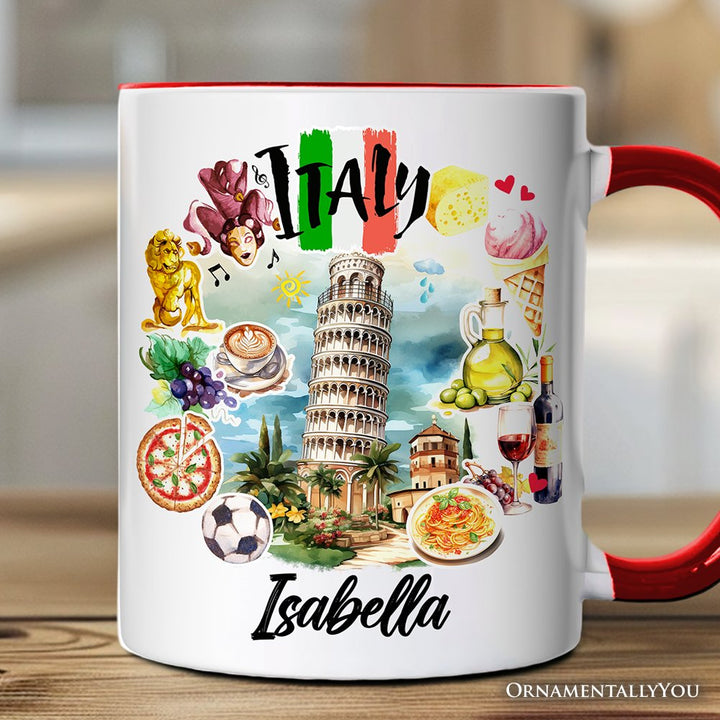 Artistic Italy Landmarks Personalized Mug, Italian Gift and Souvenir with Custom Name Personalized Ceramic Mug OrnamentallyYou White - Red Customized 