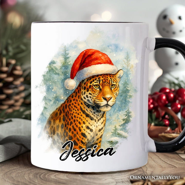 Watercolor Jaguar in Santa Hat Christmas Personalized Mug, Exotic Wildlife Holiday Gift with Custom Name Personalized Ceramic Mug OrnamentallyYou White - Black Customized 