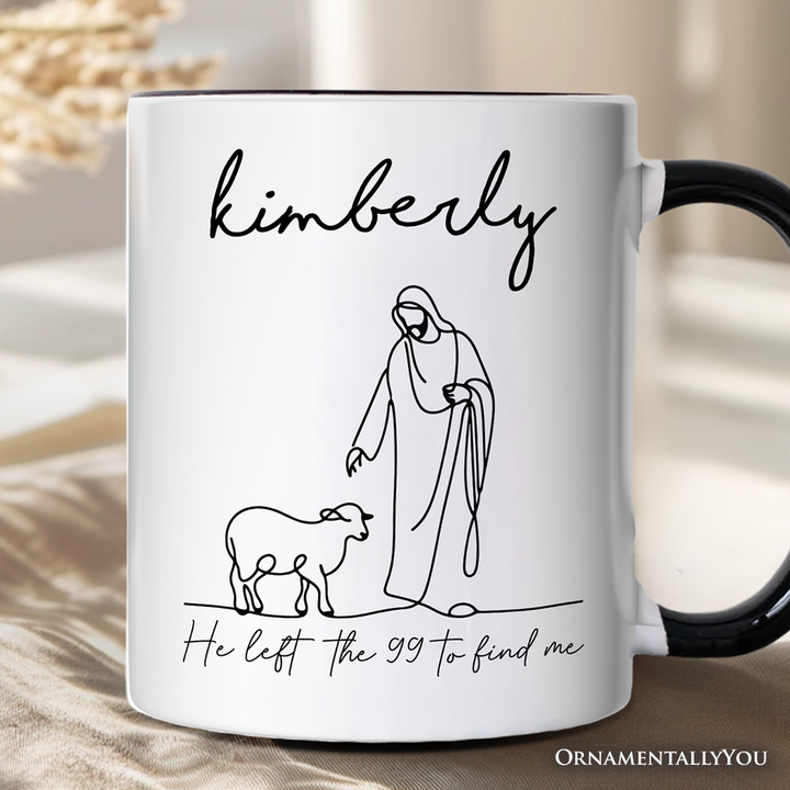 Christian Minimalist Line Art Personalized Mug, He Left the 99 to Find Me Bible Verse Faith Gift with Custom Name