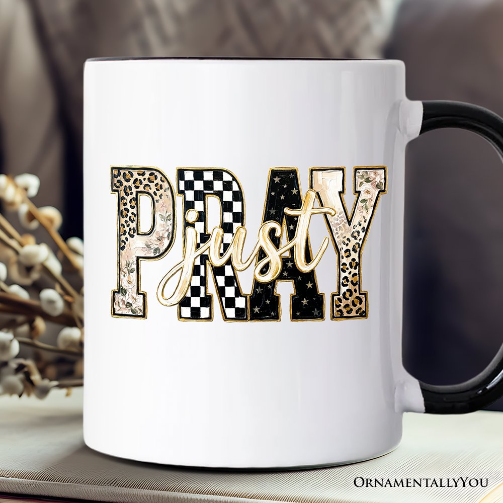 Just Pray Christian Varsity Mug, Retro Leopard Checkered Faith Gift Personalized Ceramic Mug OrnamentallyYou Black Handle Non-Custom 