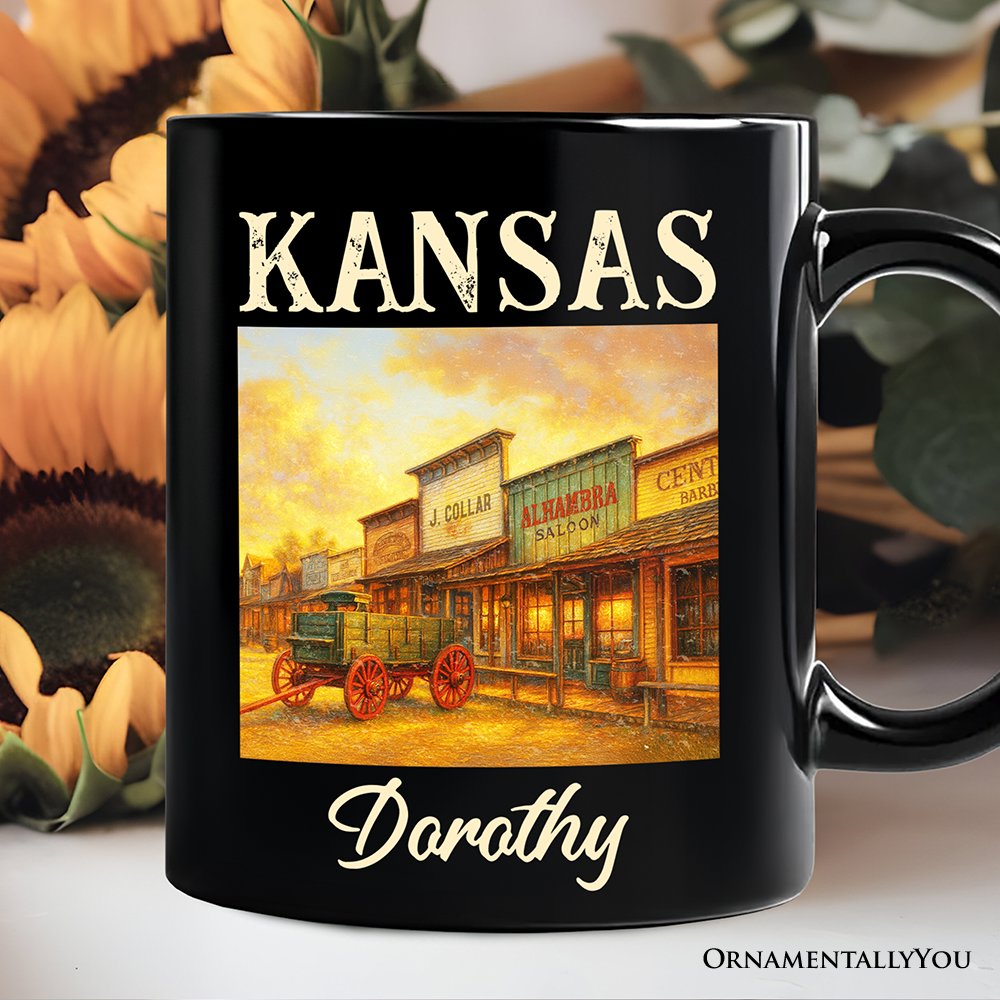 Vintage Kansas State Dodge City Boot Hill Street Scene Personalized Mug, Wild West Gift and Frontier Souvenir with Custom Name Personalized Ceramic Mug OrnamentallyYou Black Customized 