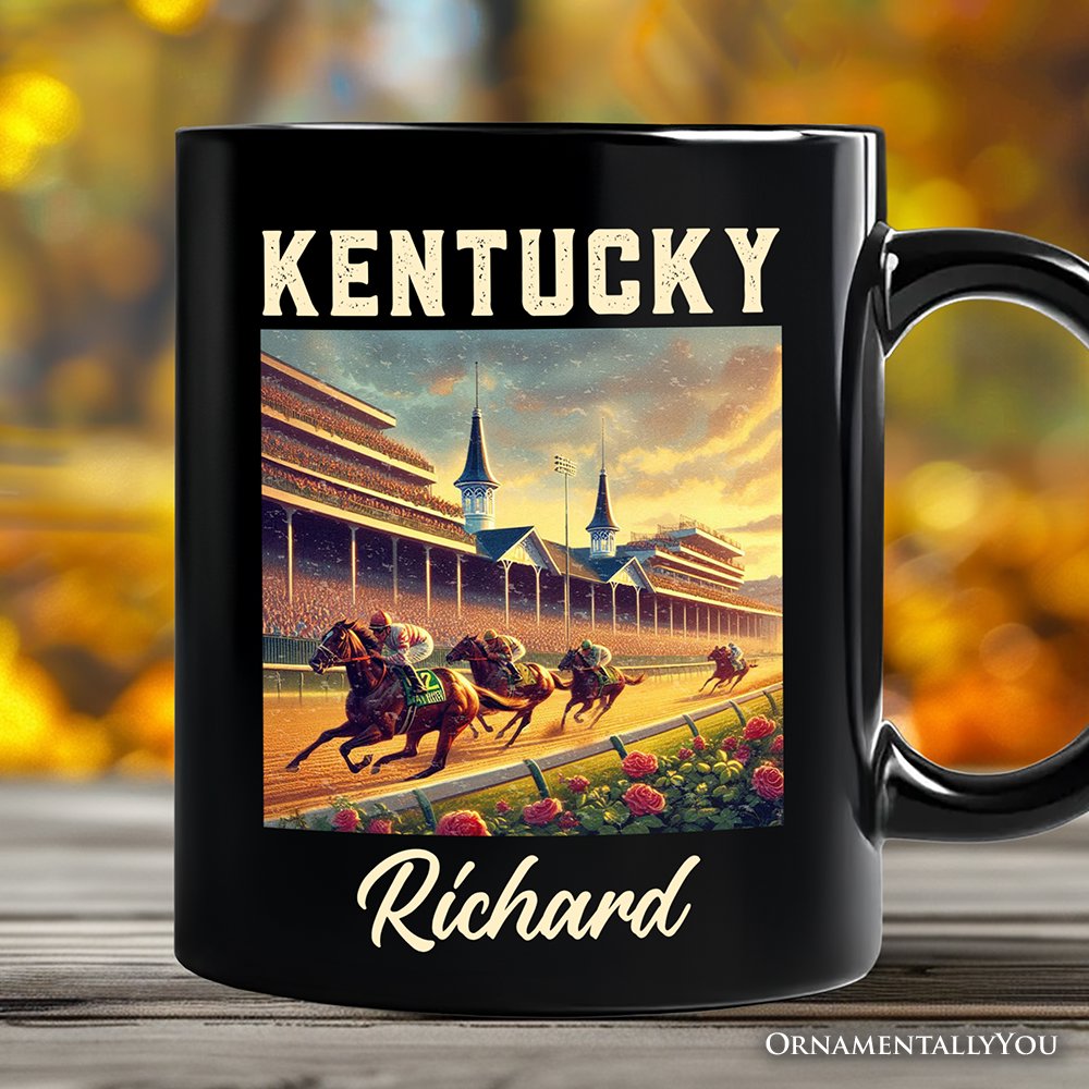 Iconic Kentucky State Horse Racing Personalized Mug, Churchill Downs Gift and Derby Heritage Souvenir with Custom Name Personalized Ceramic Mug OrnamentallyYou Black Customized 