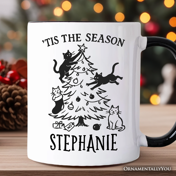 Christmas Tree Killer Cats Personalized Mug, Tis the Season Funny Holiday Gift with Custom Name