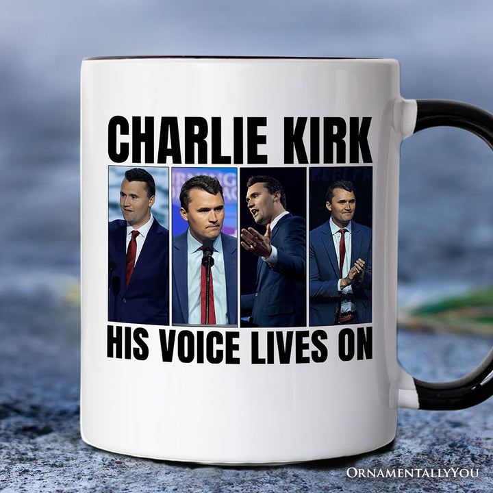 His Voice Lives On Charlie Kirk Graphic Mug, Women or Men Patriotic Republican Gift Personalized Ceramic Mug OrnamentallyYou White - Black Non-Custom 