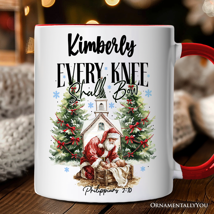 Every Knee Shall Bow Nativity Santa Personalized Mug, Jesus Philippians 2:10 Christian Christmas Gift with Custom Name