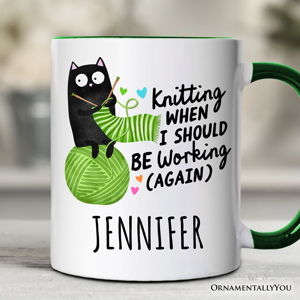 Knitting Black Cat Cute Personalized Mug, Funny Working Crafter Animal Gift with Custom Name