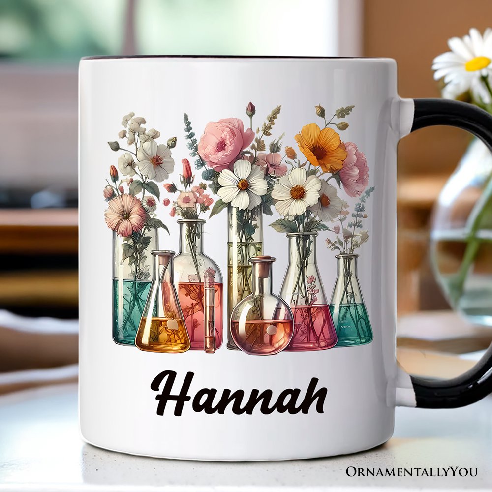 Floral Science Lab Beakers Personalized Mug, Flowers Chemistry Scientist Gift with Custom Name Personalized Ceramic Mug OrnamentallyYou White - Black Customized 