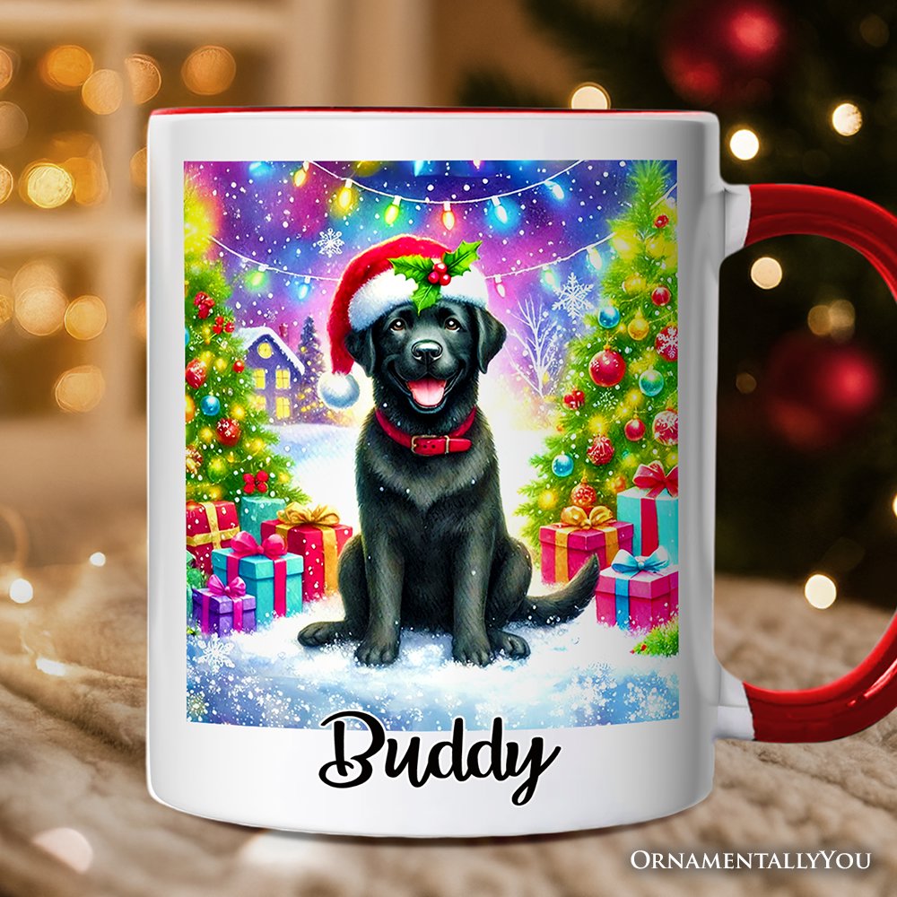 Sparkling Yuletide Black Labrador Retriever Personalized Mug, Joyful Christmas Gift with Custom Name Personalized Ceramic Mug OrnamentallyYou White - Red Customized 