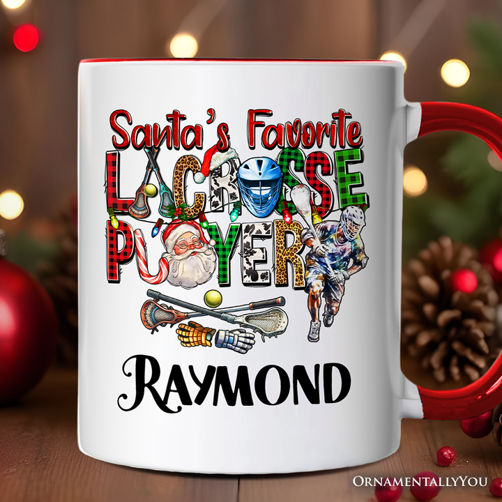 Santa’s Favorite Lacrosse Player Personalized Mug, Plaid Christmas Athlete Gift with Custom Name