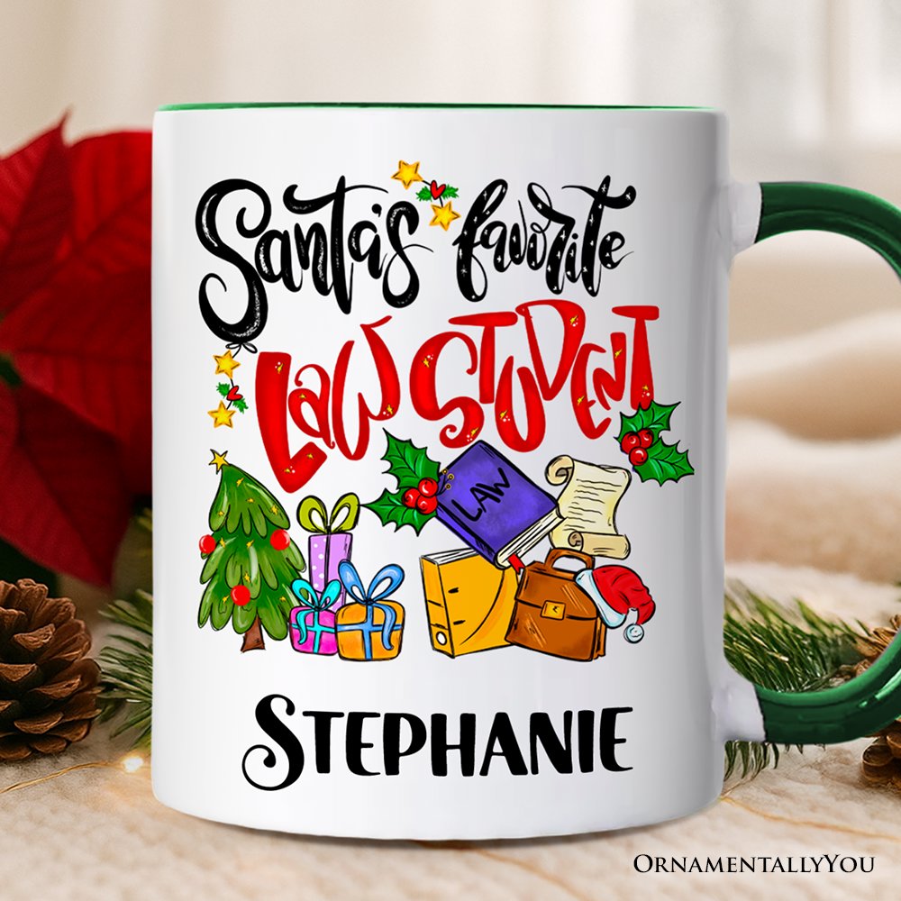 Santa's Favorite Law Student Personalized Mug, Future Lawyer Gift with Custom Name Personalized Ceramic Mug OrnamentallyYou Green Handle Customized 