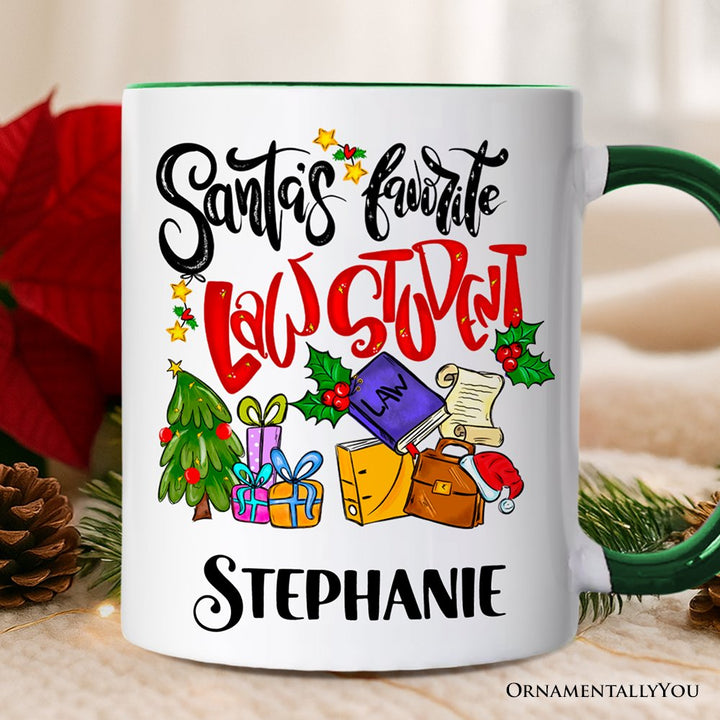 Santa's Favorite Law Student Personalized Mug, Future Lawyer Gift with Custom Name Personalized Ceramic Mug OrnamentallyYou Green Handle Customized 