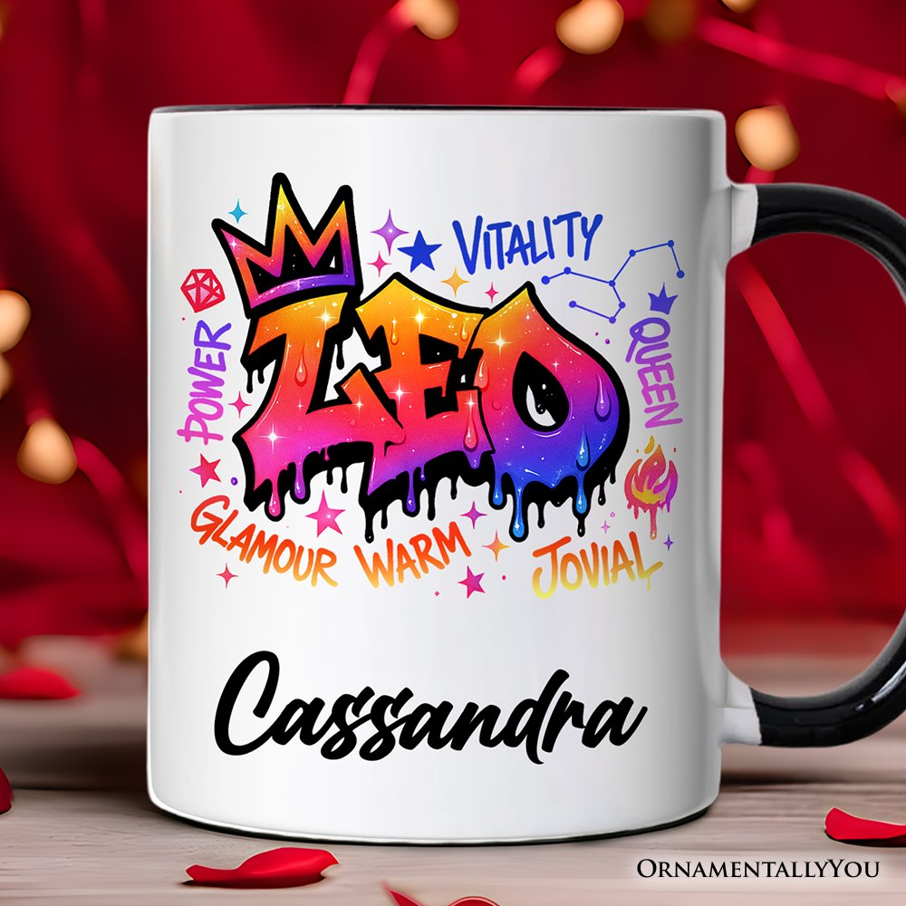 Leo Graffiti Zodiac Personalized Mug, Street Style Astrology Horoscope Gift with Custom Name Personalized Ceramic Mug OrnamentallyYou Black Handle Customized 