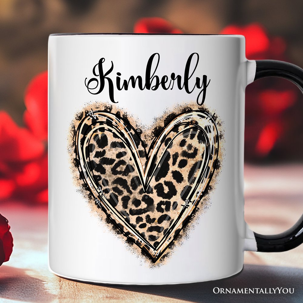 Leopard Heart Valentine Personalized Mug, Watercolor Love Gift with Custom Name Personalized Ceramic Mug OrnamentallyYou Black Handle Customized 