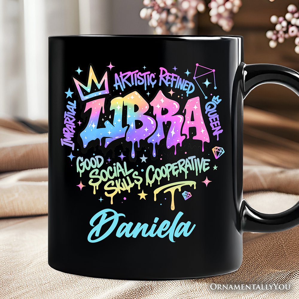 Libra Graffiti Zodiac Personalized Mug, Street Style Astrology Horoscope Gift with Custom Name Personalized Ceramic Mug OrnamentallyYou Black Customized 