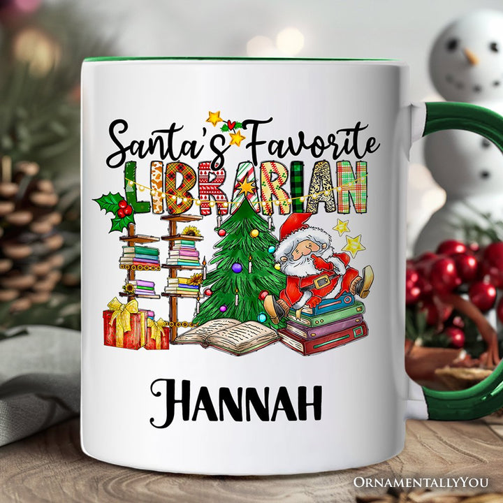Santa’s Favorite Librarian Christmas Personalized Mug, Fun Library Gift with Custom Name Personalized Ceramic Mug OrnamentallyYou White - Green Customized 