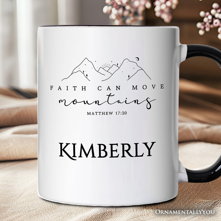 Faith Can Move Mountains Matthew 1720 Christian Personalized Mug, Minimalist Mountain Religious Gift with Custom Name
