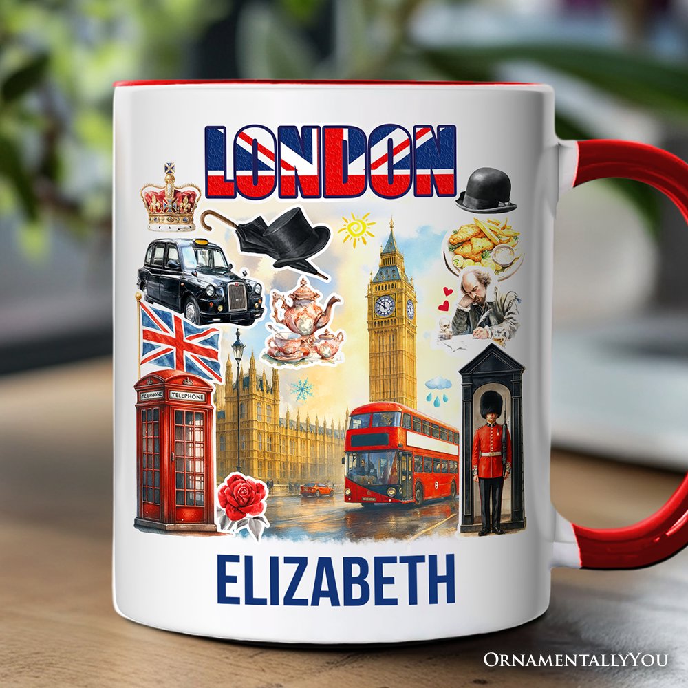 Classic London Artwork City Full of Landmarks Personalized Mug, Vintage Gift and Souvenir of England with Custom Name Personalized Ceramic Mug OrnamentallyYou White - Red Customized 