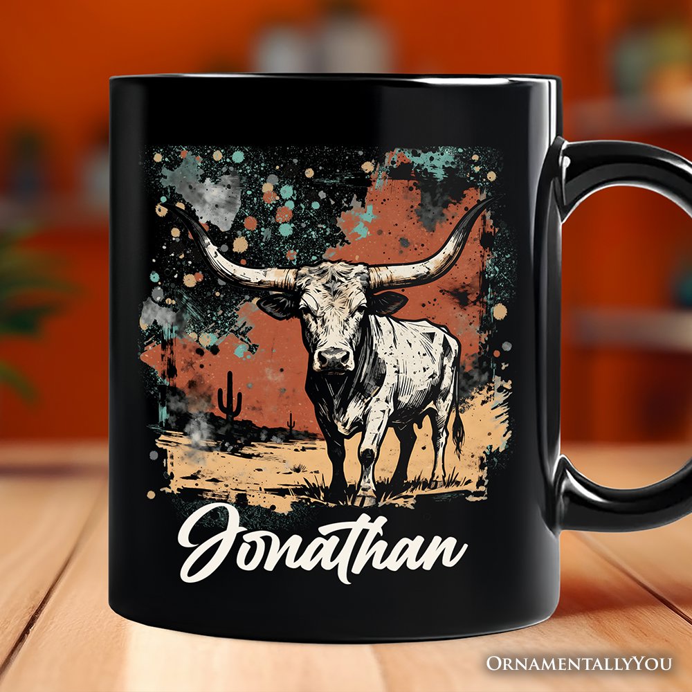 Western Longhorn Bull Personalized Mug, Cowboy Rodeo Gift with Custom Name Personalized Ceramic Mug OrnamentallyYou Black Customized 