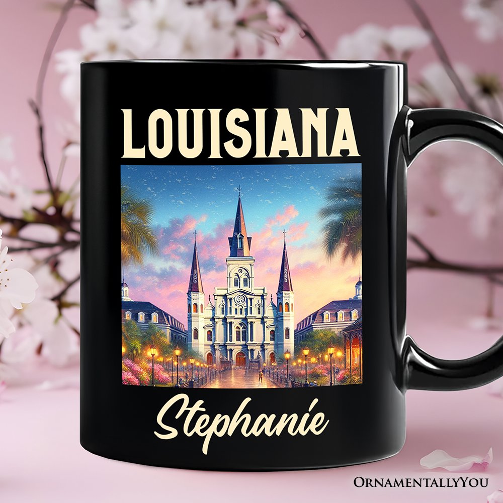 Artistic Louisiana State Cathedral Personalized Mug, St. Louis Landmark Gift and Holiday Keepsake Souvenir with Custom Name Personalized Ceramic Mug OrnamentallyYou Black Customized 
