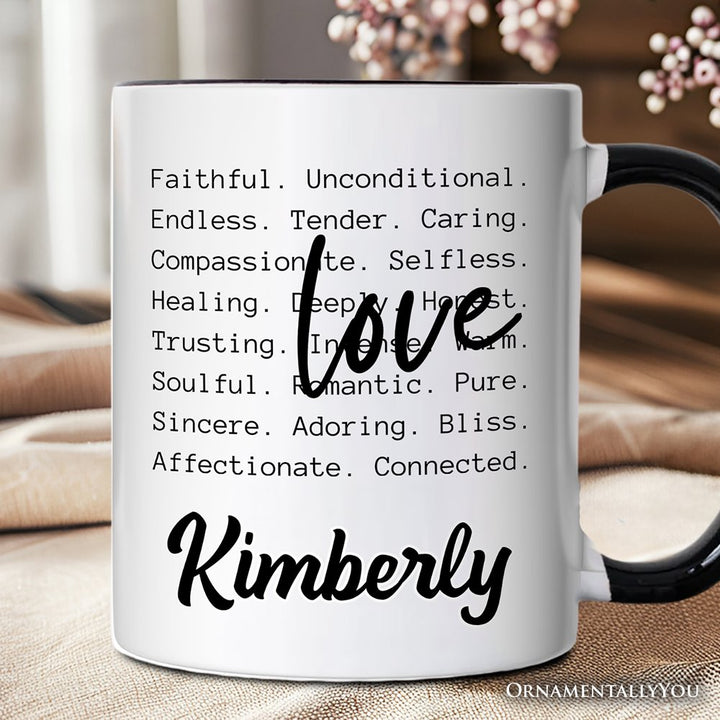 Love Definition Words Personalized Mug, Minimalist Valentine Inspirational Love Gift with Custom Name Personalized Ceramic Mug OrnamentallyYou Black Handle Customized 