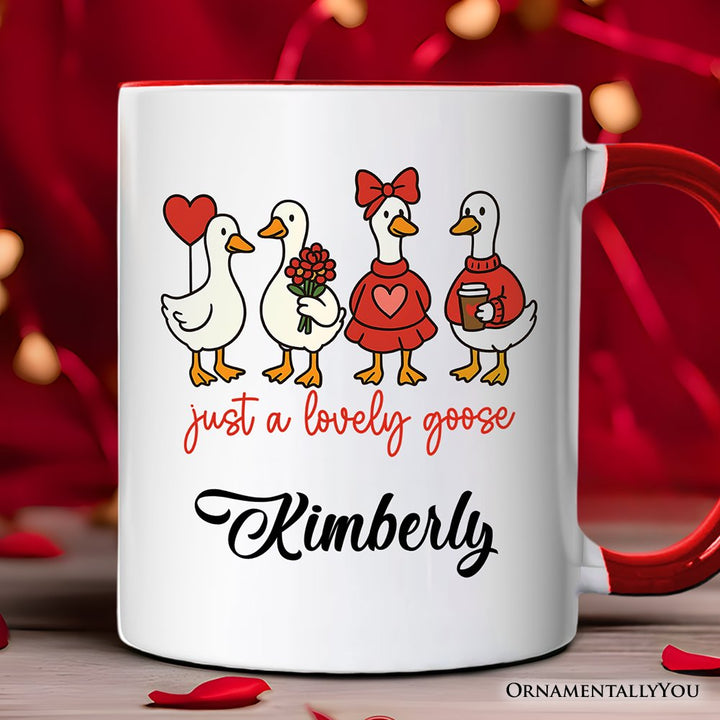 Just a Lovely Goose Personalized Mug, Coquette Valentine Cute Love Gift with Custom Name Personalized Ceramic Mug OrnamentallyYou Red Handle Customized 