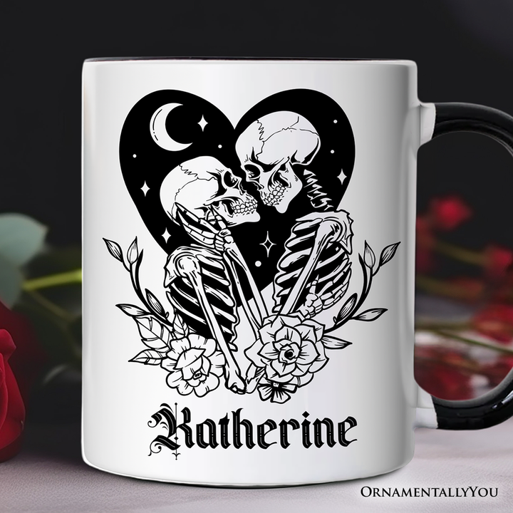 The Lovers Skeletons Personalized Mug, Spooky Gothic Romantic Valentine Gift with Custom Name