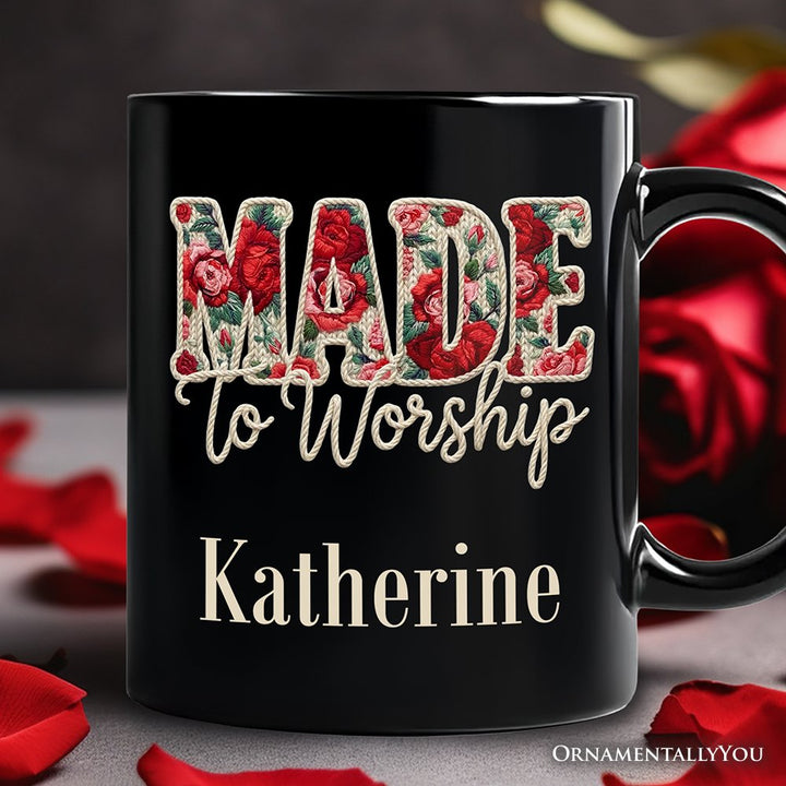 Made to Worship Printed Faux Yarn Crochet Christian Personalized Mug, Floral Retro Faith Gift with Custom Name Personalized Ceramic Mug OrnamentallyYou Black Customized 