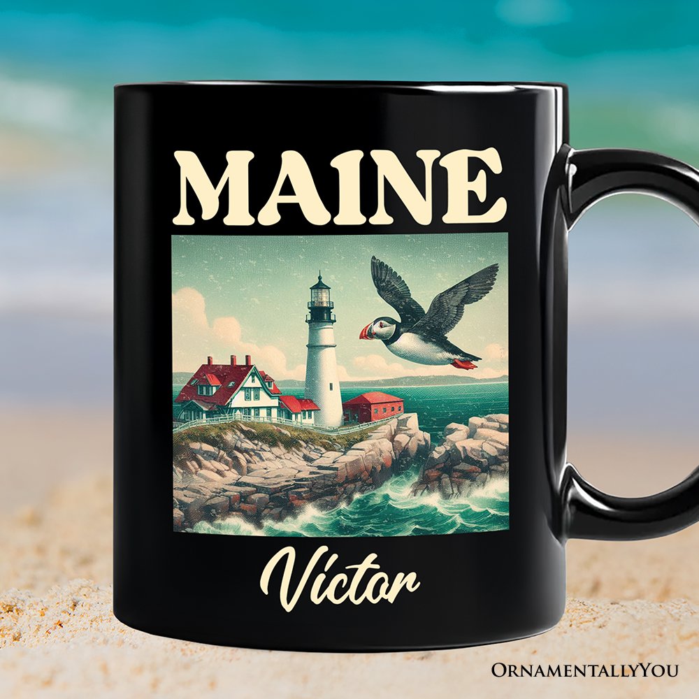 Vintage Maine State Lighthouse and Puffin Personalized Mug, New England Coastal Gift and Seaside Souvenir with Custom Name Personalized Ceramic Mug OrnamentallyYou Black Customized 