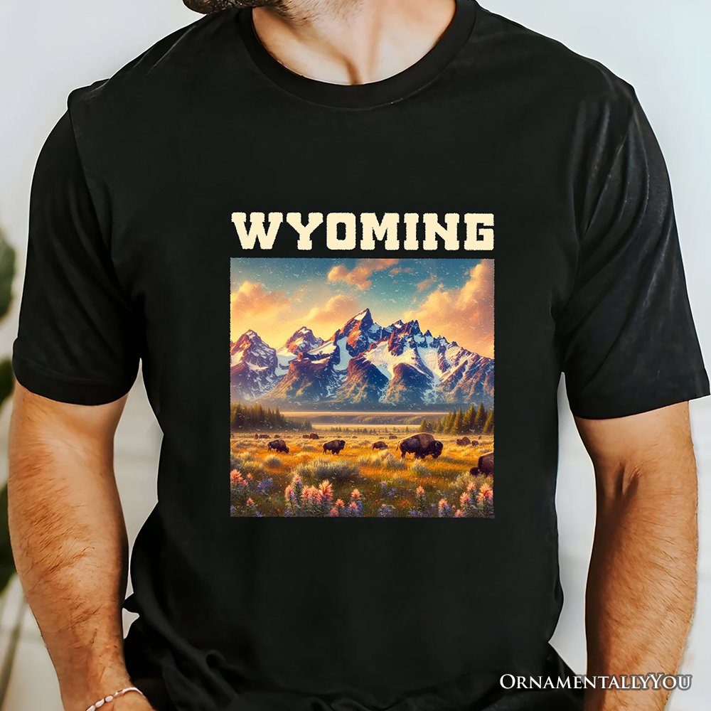 Majestic Wyoming State Prairie T-Shirt, Grand Teton Bison Tee and Western Landscape Souvenir T-Shirts OrnamentallyYou 
