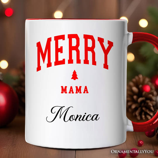 Merry Mama Retro Christmas Personalized Mug, Matching Family Holiday Gift with Custom Name Personalized Ceramic Mug OrnamentallyYou White - Red Customized 