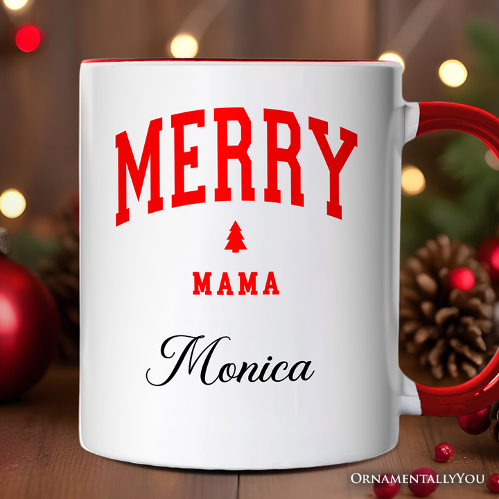 Merry Mama Retro Christmas Personalized Mug, Matching Family Holiday Gift with Custom Name